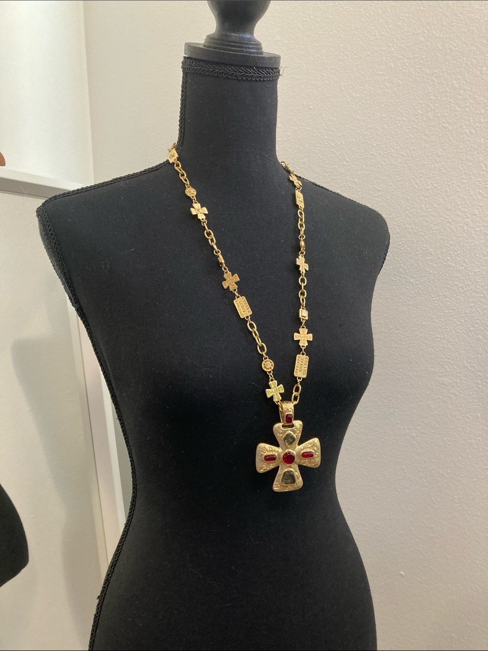 CHANEL Gold-Tone Cross Pendant Necklace with Red Cabochons
